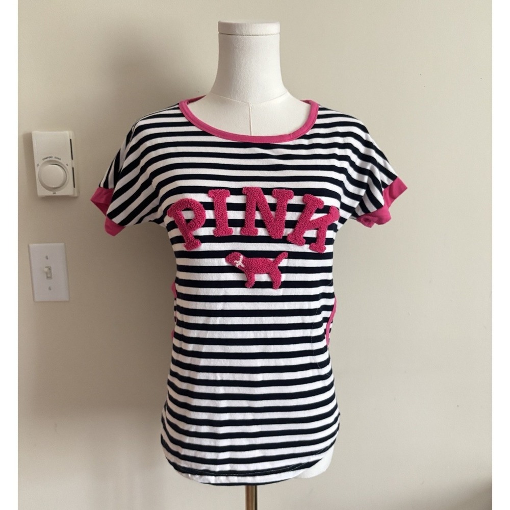 Vintage Victorias Secret Top Black White Stripe Fuzzy Pink Dog XS S Preppy Cute